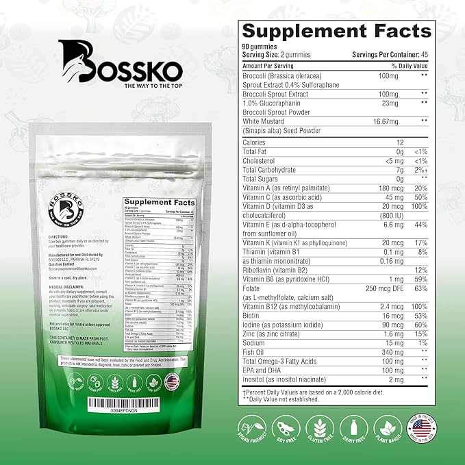 Bossko Sulforaphane Gummies with Omega-3 โ Broccoli Sprout Extract, EPA/DHA & Antioxidants โ Cellular Health & Mood Support โ 90 Vegan Gummies โ Mixed Berry Flavors โ Sugar-Free