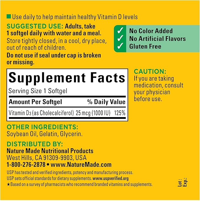 Nature Made Vitamin D3 1000 IU (25 mcg), Vitamin D Supplement for Bone, Teeth, Muscle and Immune Health Support, 300 Softgels, 300 Day Supply
