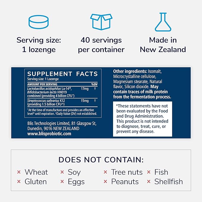 BLIS UltraBLIS Probiotic Immune Support Supplement-Powerful Combination of Gut & Oral Probiotics for Daily Immunity Support, Scientifically Tested Bacterial Strains Includes K12. 40 Lozenges.