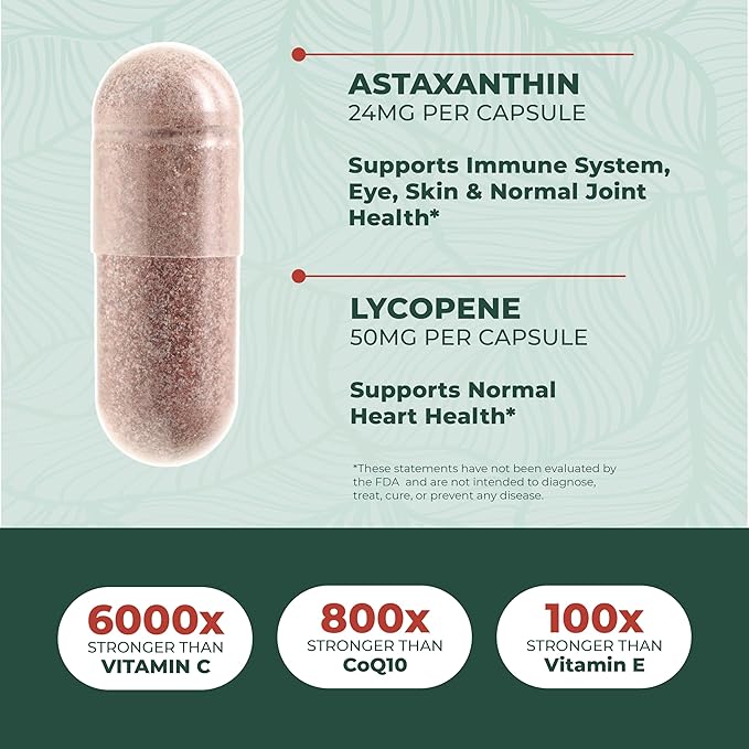 PurePremium Astaxanthin Supplements - Astaxanthin 24mg with Lycopene 50mg Antioxidants Supplement for Skin & Eye Health, Normal Joint Support & Immune System Support – Non-GMO - 60 Count