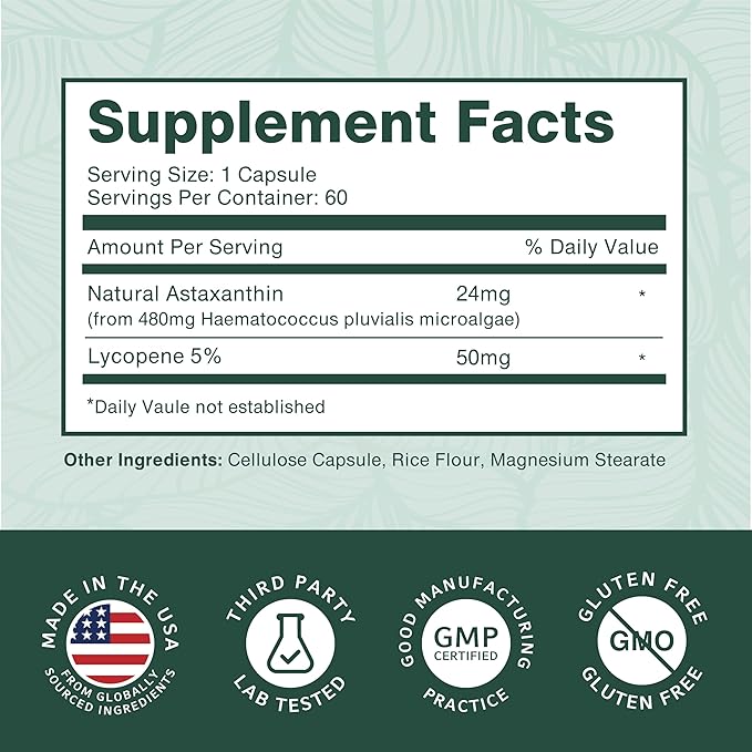 PurePremium Astaxanthin Supplements - Astaxanthin 24mg with Lycopene 50mg Antioxidants Supplement for Skin & Eye Health, Normal Joint Support & Immune System Support – Non-GMO - 60 Count