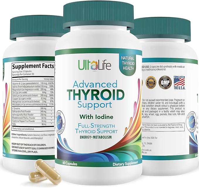 Daily Thyroid Boost Advanced Formula with Iodine Ashwagandha Vitamin B12 Zinc and Selenium for Energy Metabolism and Focus 60 Capsules
