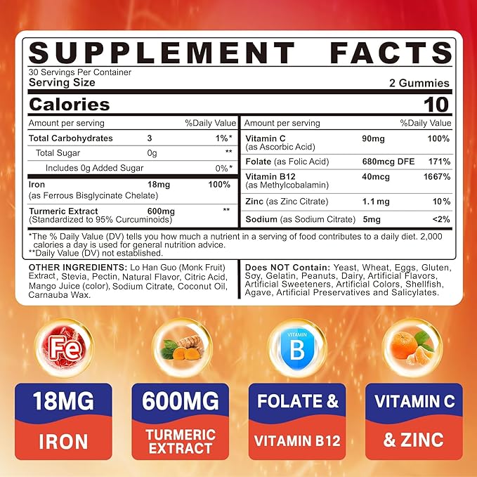 Vegan Iron Gummies Supplement with Vitamin C, B12, Folate & Turmeric - Energy & Immune Health | Gummy Iron Bisglycinate 18mg Gentle & Non-Constipating - Women & Men, 2 Pack