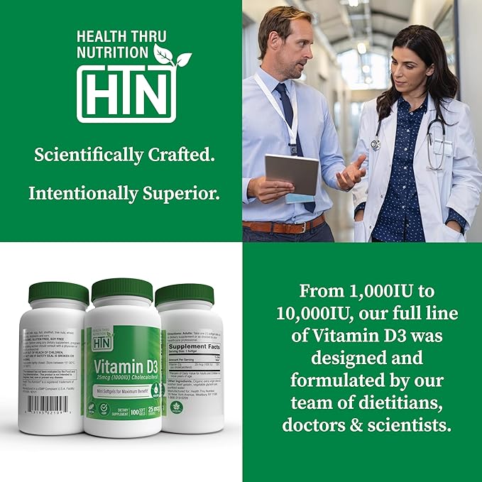 Health Thru Nutrition Vitamin D3 1,000iu 100 Mini Softgels for Maximum Benefit | 25mcg Cholecalciferol | 3rd Party Tested | Non-GMO USP Grade in Organic EVOO | Immune Health Support