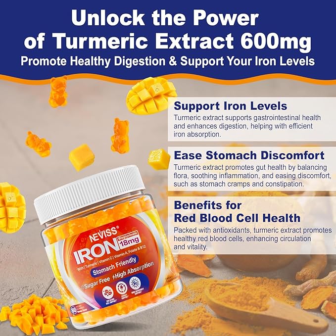 Vegan Iron Gummies Supplement with Vitamin C, B12, Folate & Turmeric - Energy & Immune Health | Gummy Iron Bisglycinate 18mg Gentle & Non-Constipating - Women & Men, 2 Pack