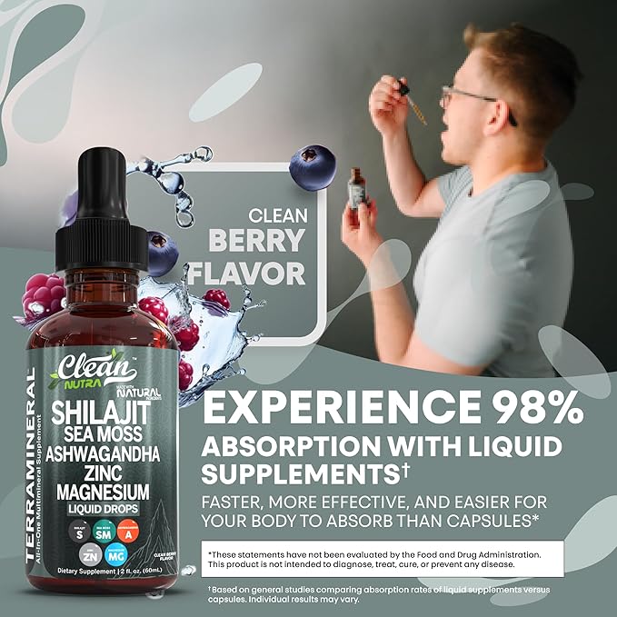 Clean Nutraceuticals Shilajit Liquid Drops with Sea Moss, Ashwagandha, Zinc, Magnesium, Liquid Vitamins for Women and Men - Terra Mineral