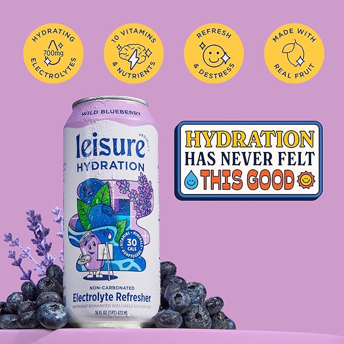 Leisure Hydration Non-Carbonated Electrolyte Refresher, Wild Blueberry Flavor - Low Sugar Nutrient Enhanced Water Beverage - Get The Best Hydration Packed w/ Magnesium & Ashwagandha For Mood & Stress Support, Non-GMO, 16 oz (12-Cans)