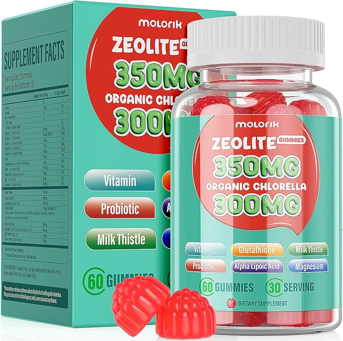 Zeolite Detox for Kids & Adults, 350mg Zeolite Gummies with 300mg Organic Chlorella, Glutathione, Probiotic & Vitamin D3, E, C, B6, B12 for Immune & Gut Support, Apple Gummies, 30 Serving