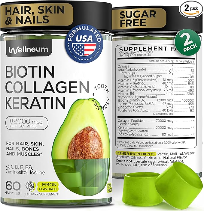 Biotin and Collagen Peptide Gummies for Hair Growth, Skin and Nails 120 Pcs (2 Pack) - 82000 Mcg - Biotin Chewables with Keratin Max Strength - Beauty Gummies for Women and Men - Sugar Free, Non-GMO