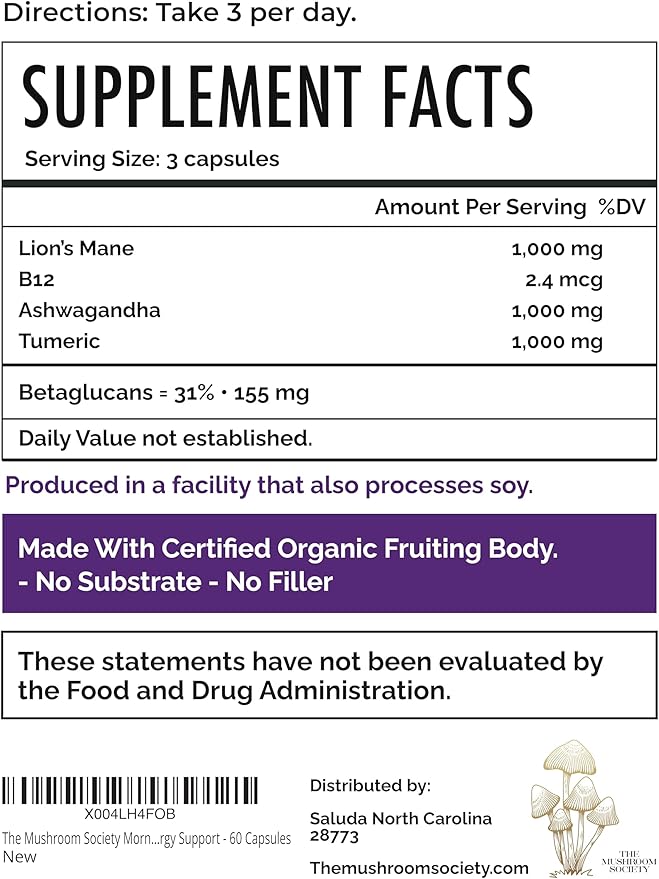 Morning Rush - Lion’s Mane, Ashwagandha, Turmeric & B12 Extract Blend Supplement - Focus & Energy Support - 60 Vegan Capsules