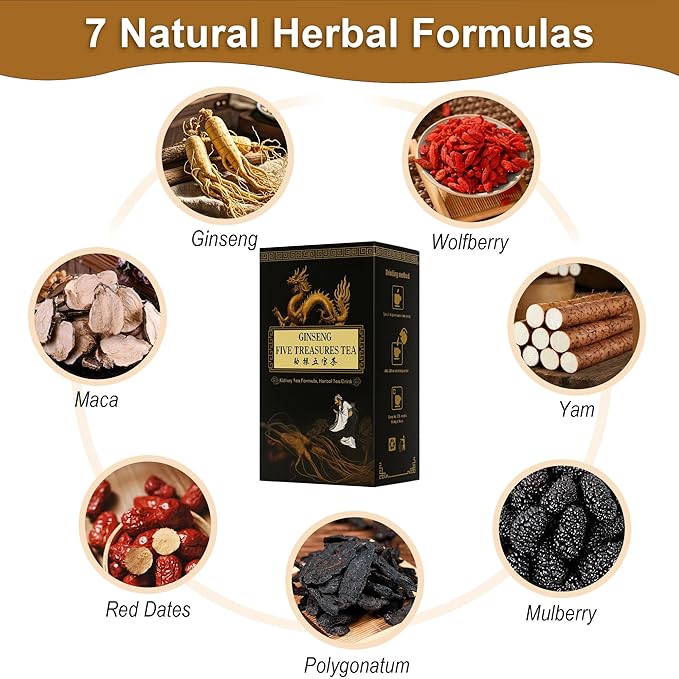 Kidney Tea Formula Ginseng Six Treasure Tea, Organic Kidney Cleanse Ginseng Mulberry Five/Eight Treasure, The Para Limpiar Los Riñones, Natural Chinese Wubao Healthy Cleansing for Men & Women (20bag/2boxes)