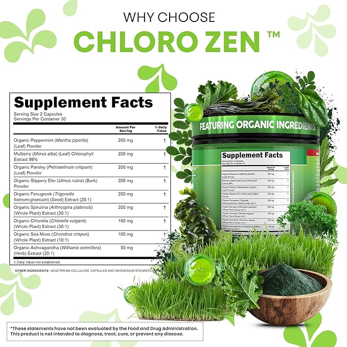 Clean Nutra Chlorophyll Peppermint Slippery Elm Spirulina Chlorella Fenugreek Ashwagandha Sea Moss Supplement – Ph Balance for Women Detox Internal Deodorant Supplements + Prebiotics 60 Vegan Capsules
