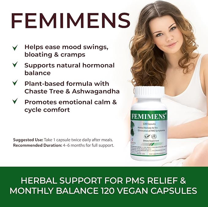 FEMIMENS – PMS Support Supplement for Women – PMS Relief for Women & Menstrual Cramp Relief – Hormonal Balance for Women – Chasteberry Vitex, Ashwagandha, Ginger, Fenugreek – 120 Vegan Capsules