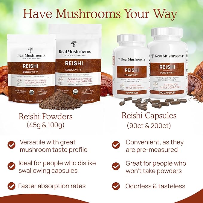 Real Mushrooms Reishi Mushroom Capsules - Handpicked Organic Mushroom Extracts - Red Reishi for Tranquil Daily Wellness with Verified Beta Glucans Vegan, Non-GMO, No Grain Fillers, 200 ct