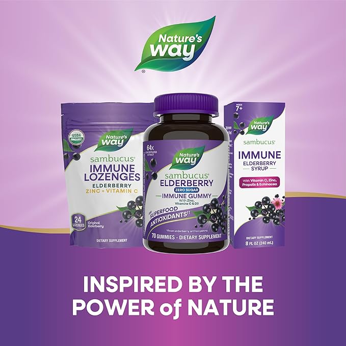 Nature's Way Sambucus Zero Sugar Immune Gummies, Daily Immune Support*, Black Elderberry Extract, Vitamin C, Vitamin D3, Zinc, Sugar Free, Sugar Alcohol Free, Plant-Based Sweeteners, 70 Gummies