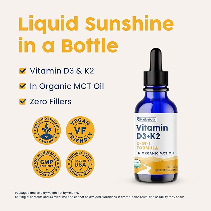 NativePath D3K2 Tincture - 1000IU Vitamin D3 and Vitamin K2 Supplement with Organic MCT Oil - 1 Fluid Ounce - Rapid Bioavailability Multi-Vitamin for Bone Strength and Total Body Wellness, 30 Servings