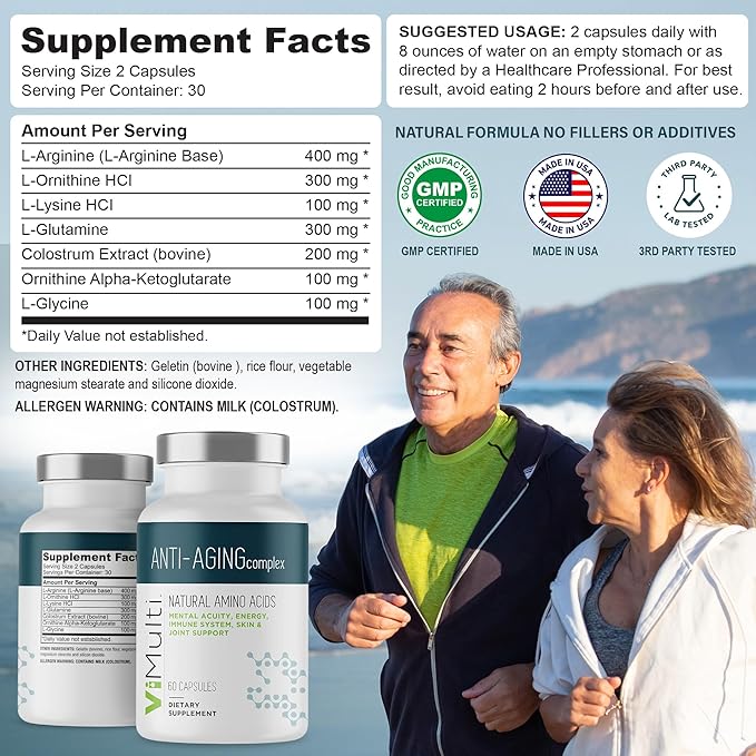 Vitmulti Anti-Aging Natural Amino Acids Supplement for Women & Men – Supports Immune Health, Energy, Smoother Skin Tone, & Restorative Sleep, Anti-Aging Supplement Pills for Longevity, 60 Capsules