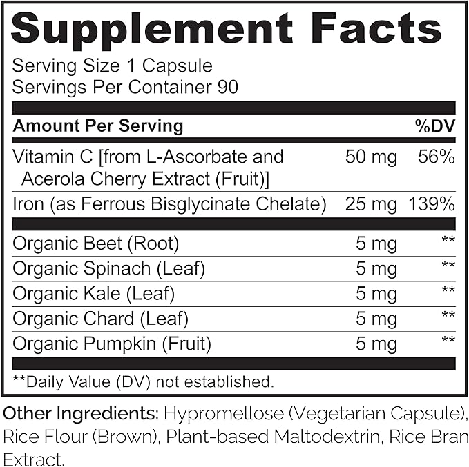 NATURELO Vegan Iron Supplement with Vitamin C and Organic Whole Foods - Gentle Iron Pills for Women & Men with Iron Deficiency Including Pregnancy, Anemia and Vegan Diets - 90 Mini Capsules