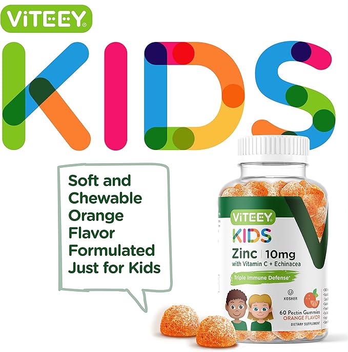 Viteey Zinc for Kids Gummies 10mg, with Vitamin C & Echinacea - Immune Support, Powerful Natural Antioxidant, Kids Zinc Vitamin Supplement - Vegan, Gelatin Free - Tasty Chewable Orange Flavor Gummy