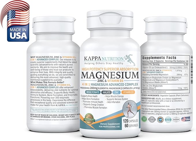 Kappa Nutrition Magnesium 4-in-1, 280mg Elemental Magnesium (Bisglycinate, Malate) + Zinc & Vitamin D3, Brain, Sleep, Energy, Muscle, Immune Support, 120 Vegan Capsules.