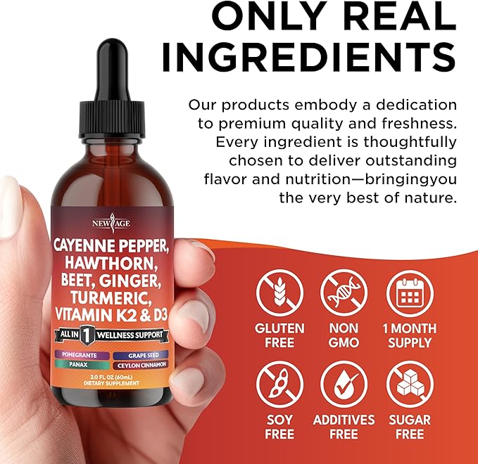 Cayenne Pepper Supplement Liquid Drops + Hawthorn Berry, Vitamin D3 K2 Beet Root Powder, Ceylon Cinnamon, Turmeric Curcumin, Organic Panax Ginseng - 8 oz