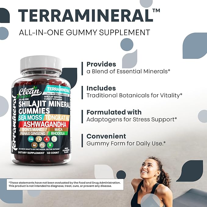 Terramineral Shilajit Gummies with Irish Sea Moss Tongkat Ali Ashwagandha Lion's Mane MACA Panax Ginseng Rhodiola & Cordyceps by Clean Nutra (1)