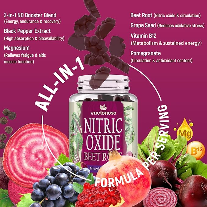 Nitric Oxide Beet Root Gummies 6000mg – Nitric Oxide Booster with Organic Beet Root, Grapeseed, Pomegranate, Vitamin C & B12 – Sugar-Free Beet Chewables Mixed Berry Flavor – 60 Gummies