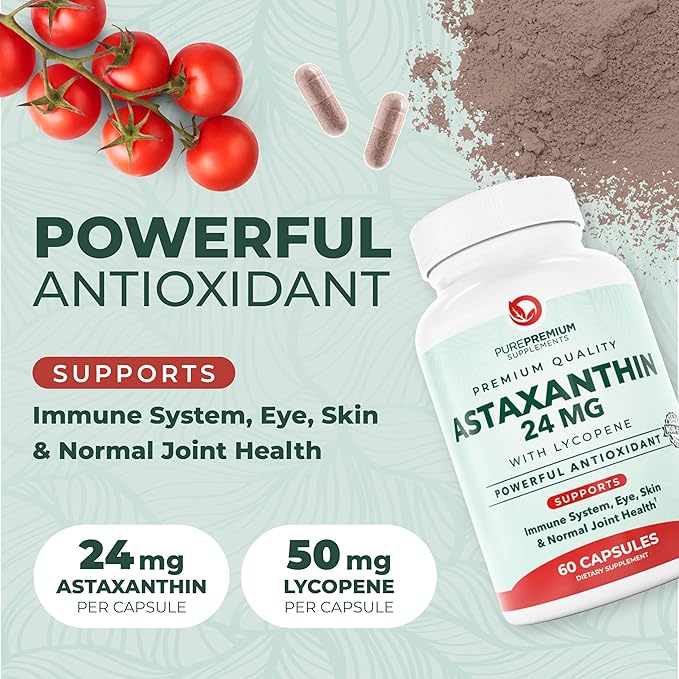 PurePremium Astaxanthin Supplements - Astaxanthin 24mg with Lycopene 50mg Antioxidants Supplement for Skin & Eye Health, Normal Joint Support & Immune System Support – Non-GMO - 60 Count