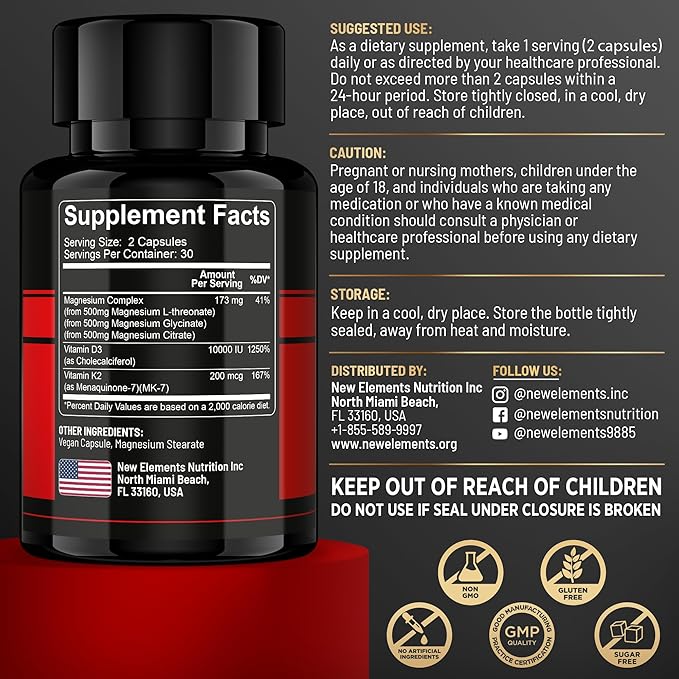 Magnesium Complex L-Threonate, Glycinate, Citrate with Vitamin D3 10,000 IU & K2 MK-7 β Brain, Bone & Immune Support β 60 Vegan Capsules β High Absorption, Non-GMO