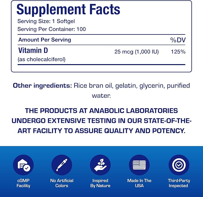 High Absorption Vitamin D3 1000IU - Clinical Formula Adult Vitamin D Supplement for Men and Women for Bone Teeth Muscle Mood and Immune Support - Easy to Swallow VIT D3 25 mcg - 100 Servings