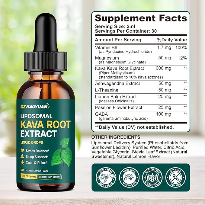 Liposomal Kava Kava Drops for Calming & Relaxation – Kava Root Extract Supplement with GABA, Ashwagandha & Magnesium - Support Mood & Better Sleep, Fast-Absorbing Vegan Kava Liquid Drops Lemon 2 Fl Oz