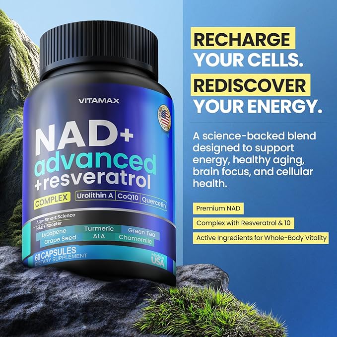 NAD+ Supplement Extra Strength - Liposomal + Resveratrol for Women & Men, CoQ10, Alpha Lipoic Acid, Green Tea, Quercetin, Urolithin A, Lycopene – High Purity Anti-Aging, Energy & Regeneration – 60ct