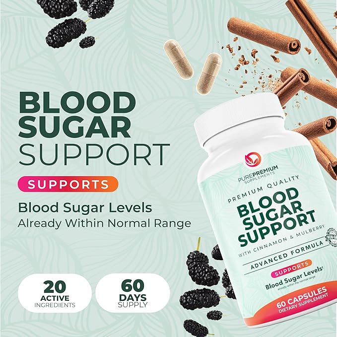 PurePremium Normal Blood Sugar Support Supplement - 20 Active Ingredients Complex to Support Blood Sugar Levels Already in The Normal Range - with Cinnamon, Bitter Melon, Chromium, Mulberry - 60ct