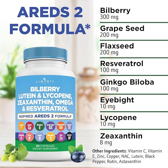 Eye Health Vitamins with Bilberry, Lutein & Zeaxanthin, Lycopene, Resveratrol, Grape Seed Extract, Flaxseed Astaxanthin- AREDS 2-120 Capsules