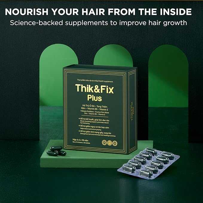 Thik&Fix Plus Natural Hair Nutrition Supplement for Men & Women with Saw Palmetto Oil, Vitamin B5 & E, Zinc, Biotin, Nourishes Scalp & Support Hair Growth for a Thicker, Fuller Look, 60 Softgels