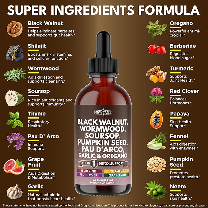 Black Walnut Wormwood Cleanse Drops - Liquid Soursop, Garlic, Pumpkin Seed, PAU D'Arco, Oil of Oregano, Turmeric, Berberine, Neem Extract, Hull Bark, Tincture - - 4oz