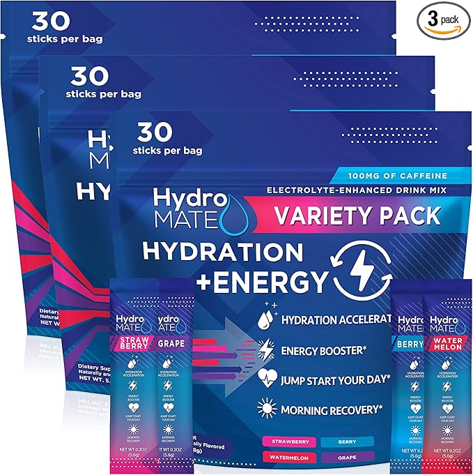 HydroMATE Electrolytes Powder Drink Mix Packets Hydration Accelerator Low Sugar Party Favors for Relief Rapid Recovery Vitamin C Plus Caffeine Variety Pack 90 Count