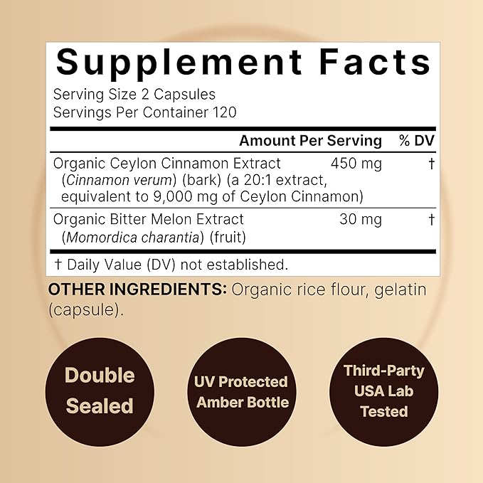 NatureBell Ceylon Cinnamon Per Serving, 240 Capsules | Made with Organic Sri Lanka Ceylon Cinnamon and Organic Bitter Melon, 2 in 1 Support – Non-GMO, No Gluten