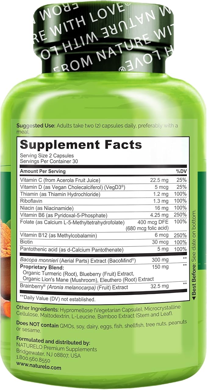 NATURELO Whole Food Brain Supplement - Brain Health Supplements for Memory & Focus Support - Enhance Brain Health Blend Supplement for Adults - 60 Vegetarian Capsules (Pack of 2)