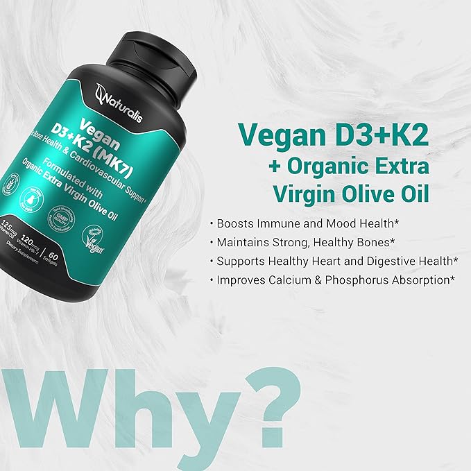 Vegan Vitamin D3 + K2 from Algae | 5000iu Vitamin D with 120mcg MK7 Vitamin K | Vegan Society Certified, Sustainably Sourced, Better Than Animal Derived | 60 Veggie Softgels