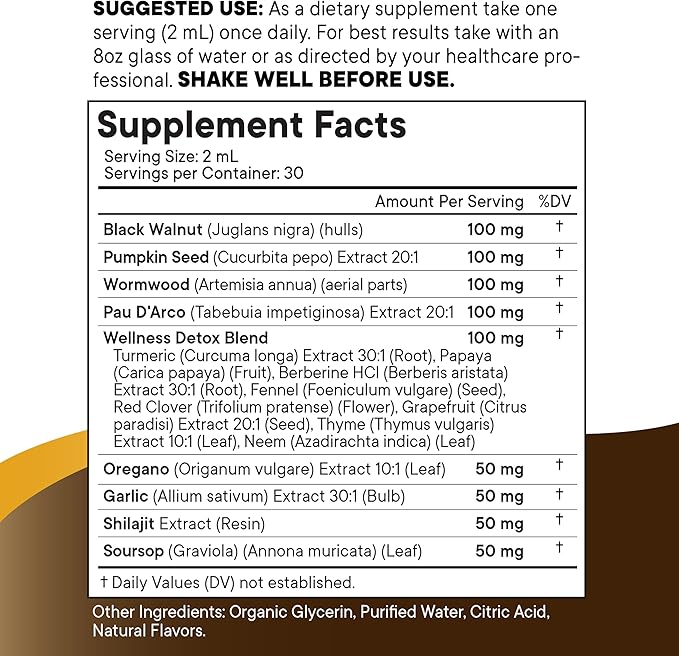 Black Walnut Wormwood Cleanse Drops - Liquid Soursop, Garlic, Pumpkin Seed, PAU D'Arco, Oil of Oregano, Turmeric, Berberine, Neem Extract, Hull Bark, Tincture - - 4oz