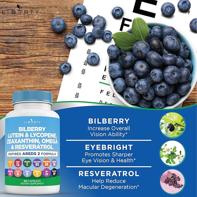 Eye Health Vitamins with Bilberry, Lutein & Zeaxanthin, Lycopene, Resveratrol, Grape Seed Extract, Flaxseed Astaxanthin- AREDS 2-120 Capsules