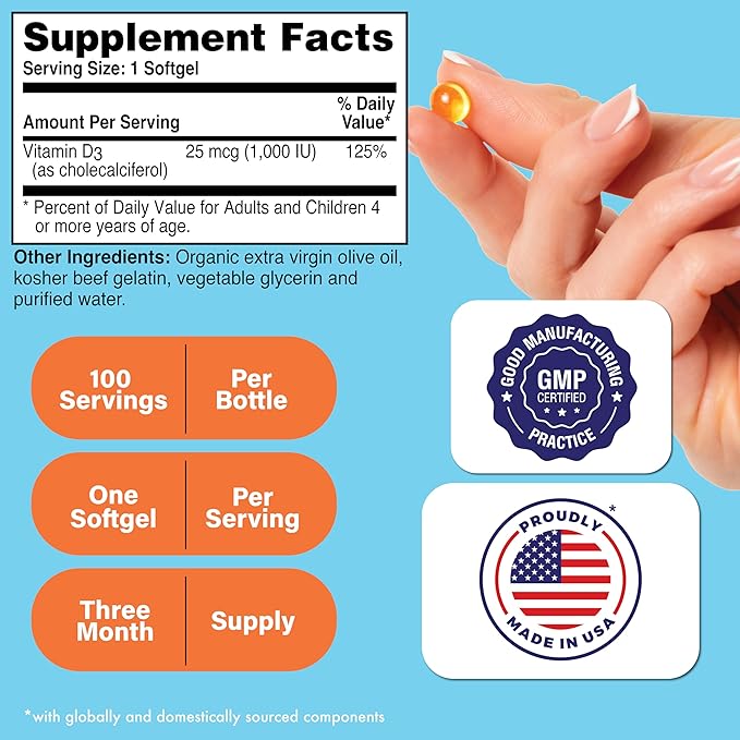 Health Thru Nutrition Vitamin D3 1,000iu 100 Mini Softgels for Maximum Benefit | 25mcg Cholecalciferol | 3rd Party Tested | Non-GMO USP Grade in Organic EVOO | Immune Health Support