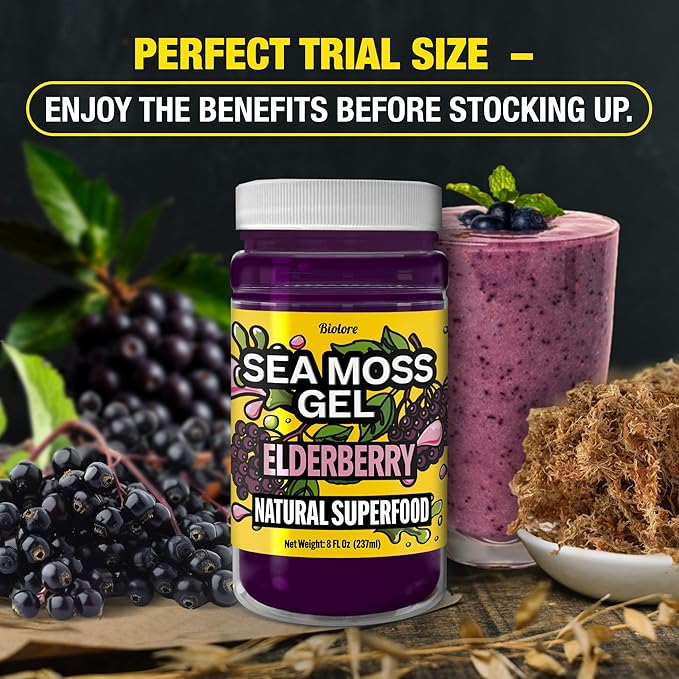 Biolore Sea Moss Gel – Wildcrafted Irish Sea Moss, Made in USA – Superfood with Essential Vitamins, Trace Minerals – Mango Pineapple, Strawberry, Elderberry – Sea Moss Starter Pack 8oz Jars (Pack of 3)