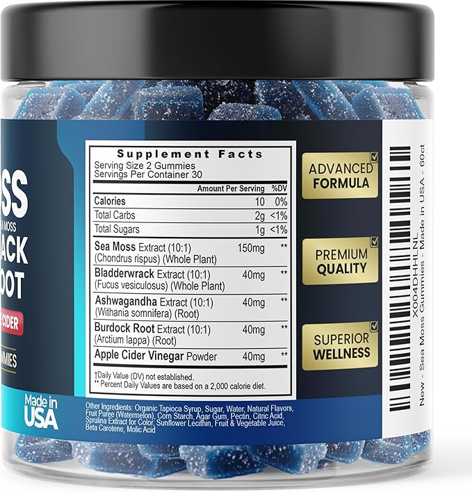 Irish Sea Moss Gummies, Sea Moss, Bladderwrack, Ashwagandha, Burdock Root, ACV - Multi-Mineral - Non-GMO and Vegan – Made in USA – 60ct
