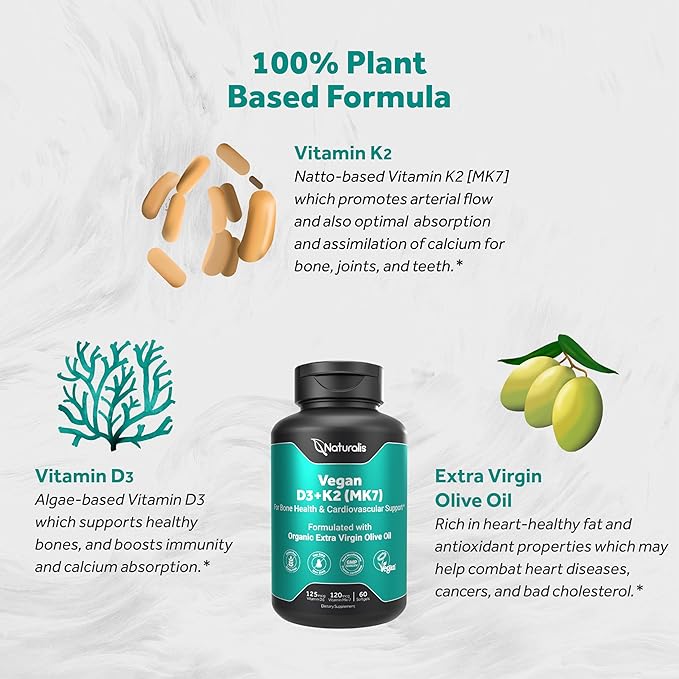 Vegan Vitamin D3 + K2 from Algae | 5000iu Vitamin D with 120mcg MK7 Vitamin K | Vegan Society Certified, Sustainably Sourced, Better Than Animal Derived | 60 Veggie Softgels