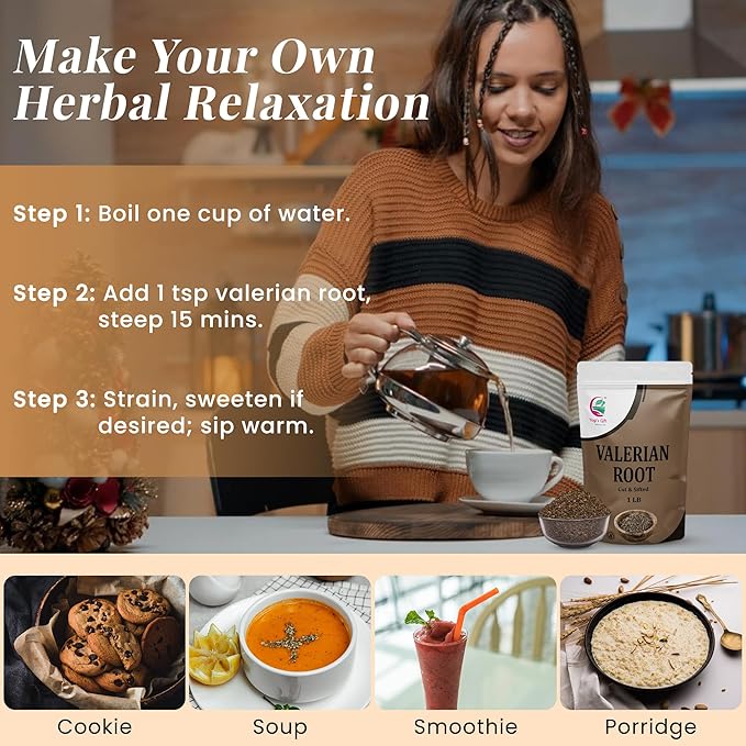 Valerian Root 1 LB, Cut & Sifted, 100% Natural & Pure, Ideal for Tea, Herbal Blends & Wellness Uses, Resealable Bag for Freshness - By Yogiโs Giftยฎ
