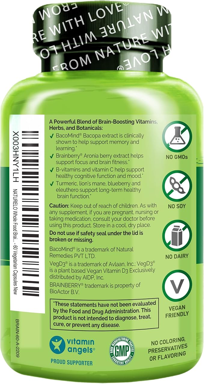 NATURELO Whole Food Brain Supplement - Brain Health Supplements for Memory & Focus Support - Enhance Brain Health Blend Supplement for Adults - 60 Vegetarian Capsules (Pack of 2)
