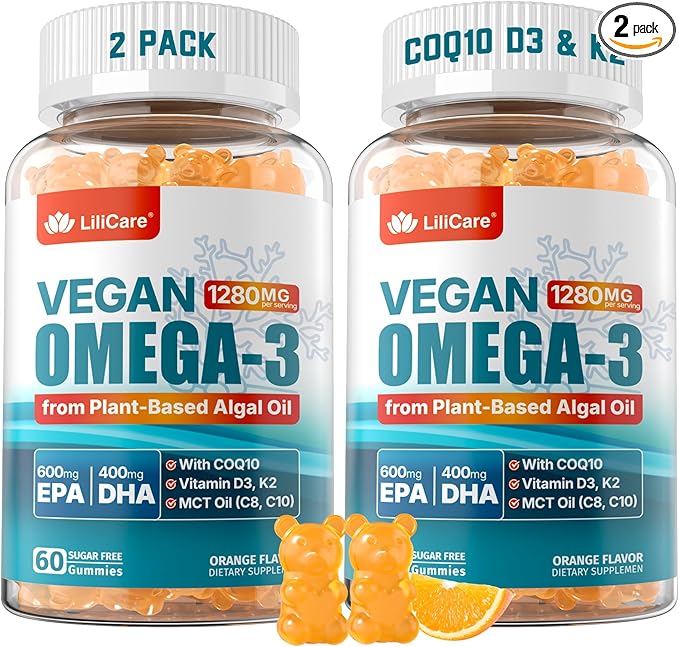 Vegan Omega-3 Gummies 1280mg + COQ10+ Vitamin D3 K2 (MK7), Omega 3 Fish Oil Alternative for Adults w/EPA 600mg & DHA 400mg & MCT Oil, No Fish Taste from Marine Algae, for Brain, Eye, Immunity, 2 Pack