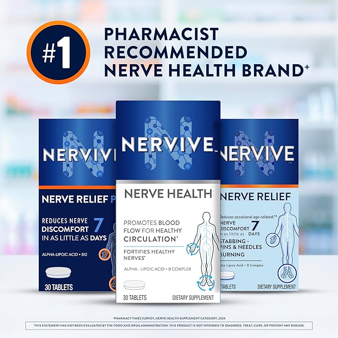 Nervive Nerve Health, with Alpha Lipoic Acid, to Fortify Nerve Health and Support Healthy Nerve Function in Fingers, Hands, Toes, & Feet*, ALA, Vitamins B12, B6, & B1, 60 Tablets